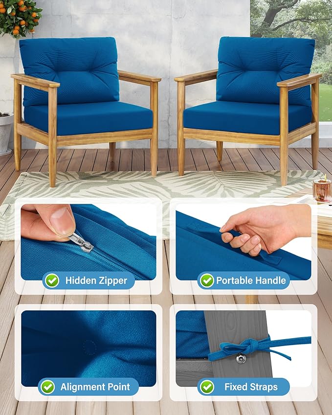 YEFU 24x24 Outdoor Cushions for Patio Furniture: Waterproof Fade Resistant Outdoor Seat Cushions Set of 2 - Olefin Deep Seat Paio Cushion Pads Replacement with Ties for Chair Sofa Couch(Dark Blue)