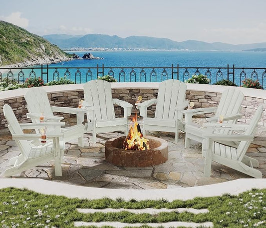Folding Adirondack Chair Set of 6, All-Weather HDPE Outdoor Chair, Wooden Textured with Cup Holder for patios, Decks, Gardens, fire pits, White