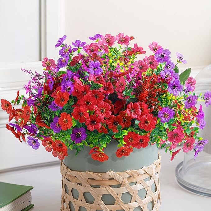 SHareconn 36 Bundles Artificial Flowers for Outdoors Decoration, Faux Plants Fake Silk Colorful Daisy Eucalyptus Lavender, UV Resistant for Outside Home Porch Patio Indoor Spring Decor, Mix 3 Colors