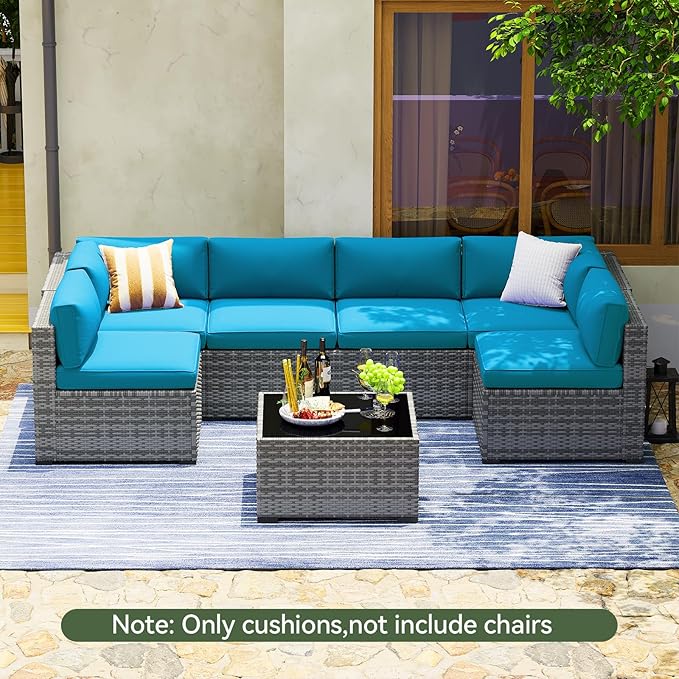 Aoxun Replacement Cushions for Outdoor Furniture, 14-Piece Outdoor Cushions for Patio Furniture, Deep Seat, Splash-Proof & Fade Resistant Couch Cushion for 6-Seat Patio Conversation Sets, Sky Blue