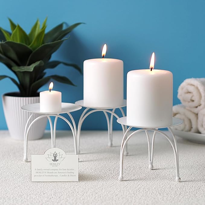 Hosley Set of 2 Whitewashed Iron Pillar Candle Holders – 3.6” Height – Ideal for LED and Pillar Candles, Weddings, Parties, Home Décor, Spa, Reiki, and Aromatherapy