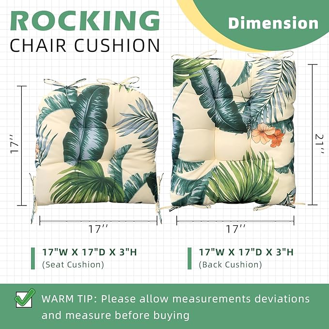 Floral Rocking Chair Cushion Water Resistant Patio Rocker Chairs Replacement Cushions for Porch Garden Outdoor Indoor Beige Green