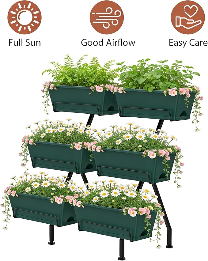 Vertical Raised Garden Bed 3 Tier Vertical Garden Planter with 6 Container Boxes Indoor Outdoor Standing Herb Planter with Drainage Holes Removable Tray for Small Space Patio Balcony Porch, Green
