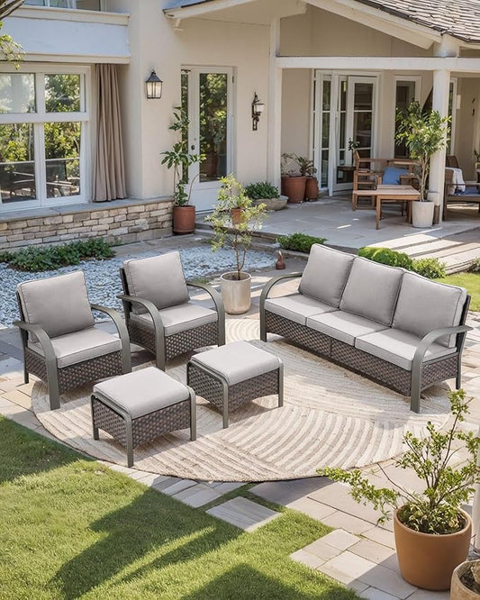 HUMMUH Outdoor Patio Conversation Furniture Sets-Deep Seating Wicker Patio Chairs with Patio Sofa Set Outdoor Patio Furniture for Deck Porch Garden Poolside Backyard-Brown/Grey