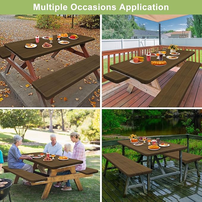 Picnic Table Cover with Bench Covers Camping Essentials Waterproof Windproof Camping Tablecloth with Drawstring Bag, Fitted Rectangle Tables and Seats, 72in, Dark Brown
