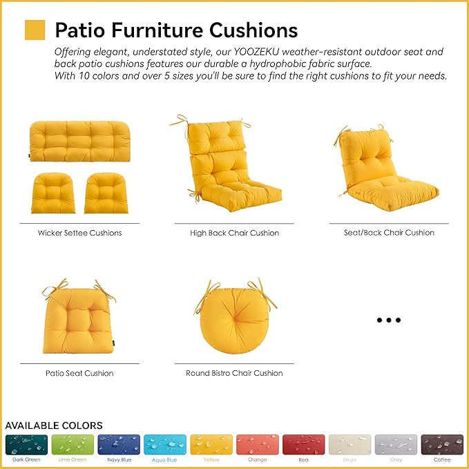 Outdoor Indoor Seat/Back Chair Tufted Cushion,All-Weather Patio Chair Cushion with Ties,for Patio Furniture,Yellow