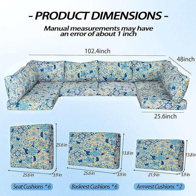 Patio Furniture Cushions,14Pieces Water-Resistant Outdoor Replacement Cushions,Sectional Sofa Cushions for Fits 6-Seats Rattan Wicker Patio Conversation Sets(Moroccan Style)