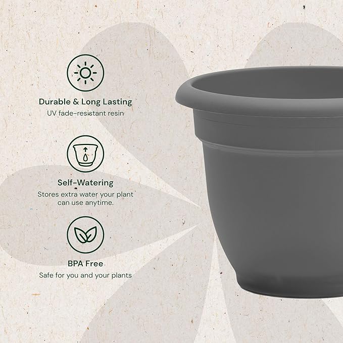 Bloem Ariana 16" Charcoal Round Self-Watering Resin Planter Pot - Rolled Rim Indoor and Outdoor Gardening Planter