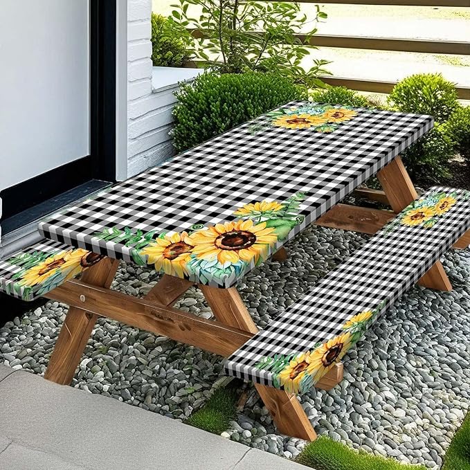 Picnic Table Cover with Bench Covers and Bag, Outdoor Waterproof Windproof Tablecloth with Elastic Edges. Camping Accessories RV Gear Campers 60x30 Inches 3 Pcs Set Black-White Checkered