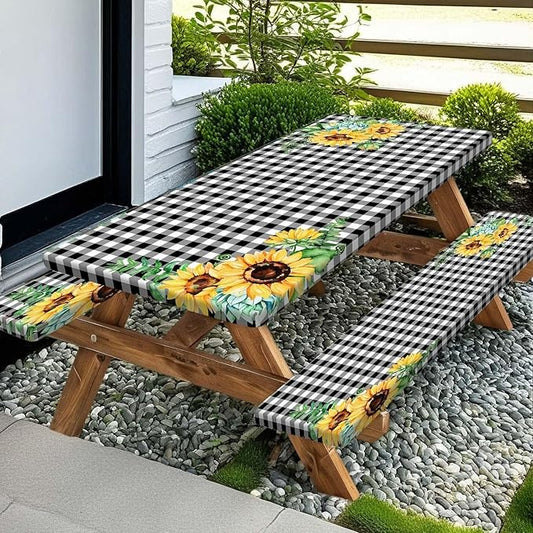 Picnic Table Cover with Bench Covers and Bag, Outdoor Waterproof Windproof Tablecloth with Elastic Edges. Camping Accessories RV Gear Campers 60x30 Inches 3 Pcs Set Black-White Checkered
