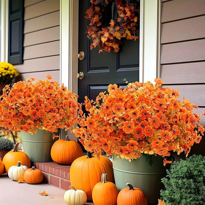 16 Bundles Artificial Fall Fake Mums for Outdoor, Autumn Faux Mums Flowers UV Resistant Plastic Greenery Garden Porch Patio Fall Thanksgiving Home Decor