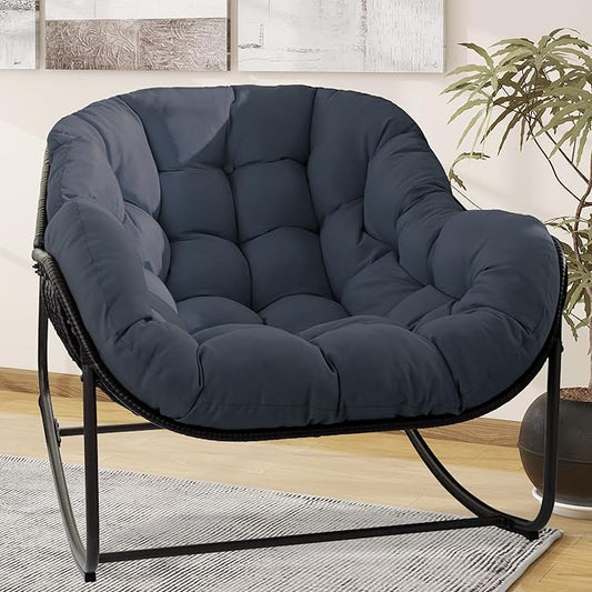 Papasan Rocking Chair, Oversized Papasan Chair with Cushion and Frame for Indoor& Outdoor, Deep Seat Egg-Shaped Rocker Chair for Garden, Deck, Living Room, Blue