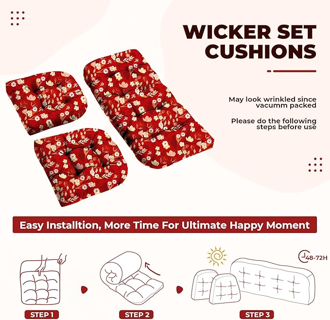 Wicker Chair Cushions, Waterproof Outdoor Loveseat Cushions for Patio Furniture, Tufted Wicker Furniture Cushions, 1 Loveseat and 2 U-Shaped Cushions (Black Floral)