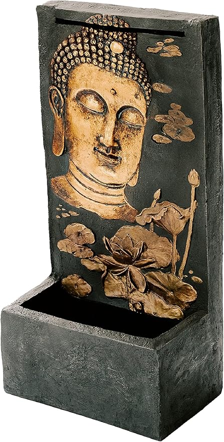 XBrand Polystone Indoor Outdoor Relaxing Zen Buddha Face Wall Water Fountain with Pump and Splash Guard, Wall-Mounted Fountains, Home Garden Patio Backyard Decor, Bronze and Natural Stone Finish