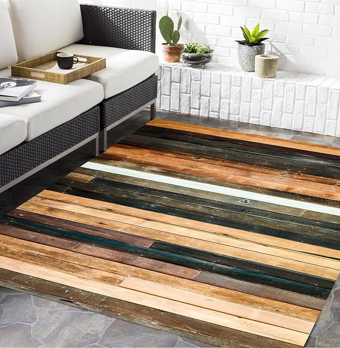 Vintage Rustic Wooden Board Outdoor Rug 10x14 Natural Wood Grain Waterproof Outdoor Area Rug for Balcony Porch Patio Deck Farmhouse Reversible Durable Outside Carpet Non Slip Indoor Outdoor Floor Mat