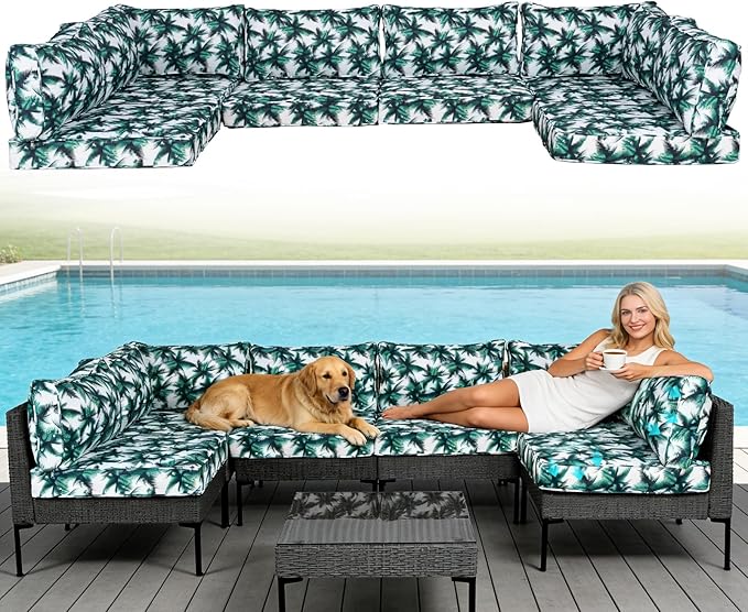 Patio Furniture Cushions,14Pieces Water-Resistant Outdoor Replacement Cushions,Sectional Sofa Cushions for Fits 6-Seats Rattan Wicker Patio Conversation Sets(Palm Leaves)