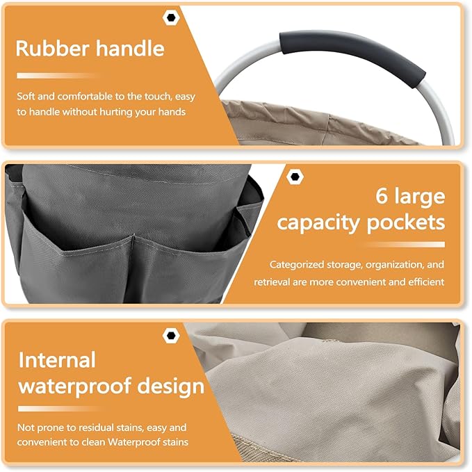 Deep Gray 17 L Picnic Garden Tool Bag with 6 Pockets, Foldable Bucket Organizer for Storage Camping Home Cleaning Products, Portable Garden Caddy Tote with Handle Harvest Basket (Deep Gray)
