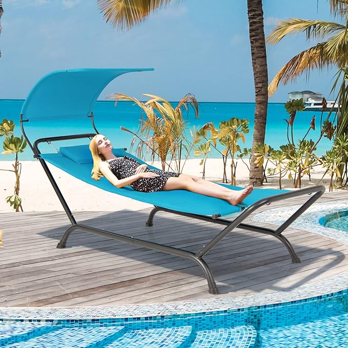 Giantex Hanging Hammock with Stand, Patio Hanging Chaise Lounge Chair w/Canopy, Cushion, Pillow & Storage Bag, Heavy Duty Swing Hammock Bed for Garden Lawn Backyard Patio Poolside Porch (Blue)