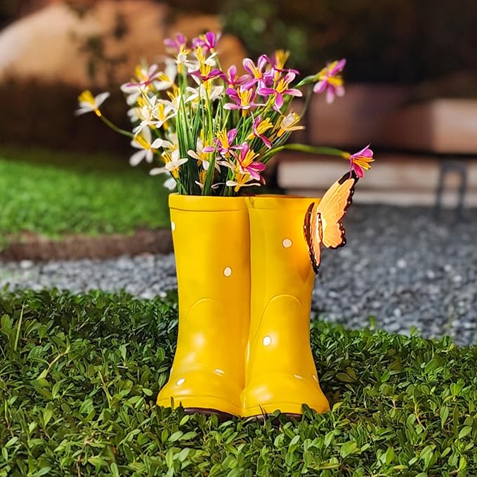 Garden Boots Planter Set with Butterfly Decoration, Outdoor Resin Flower Pot for Patio and Porch, Whimsical Waterproof Gardening Decor, Cute Gardening Gift for Women and Men (yellow)