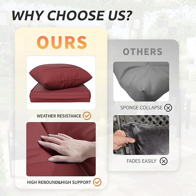 Amopatio Outdoor Chair Cushions 22.5"× 20.3" × 4", Set of 4 with Removable Cover, Waterproof & Fade Resistant seat Cushions for Patio Furniture, Burgundy