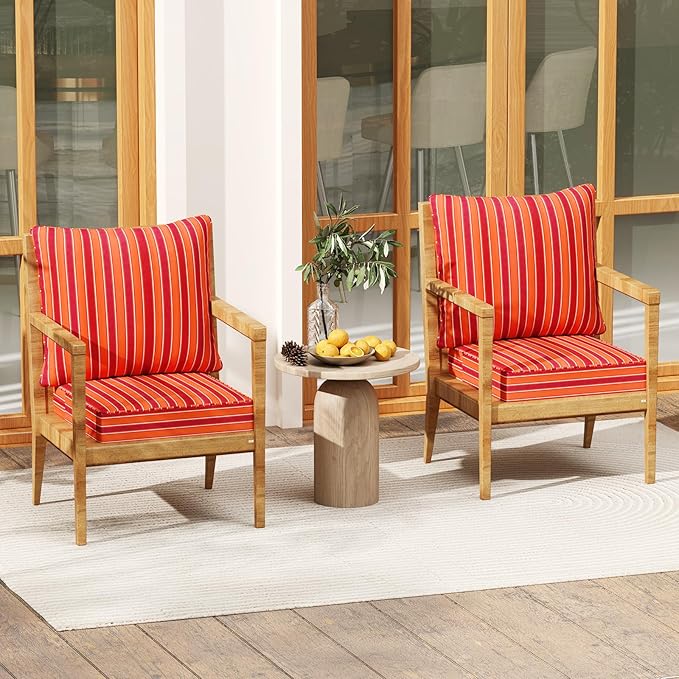 Giantex Patio Cushion Set, Outdoor Chair Seat Pads w/Non-Slip Rope Belts, Detachable Patio Furniture Cushions, Thick Seat Cushion & Back Cushion for Living Room Floor Sofa Patio Garden Chair (Orange)
