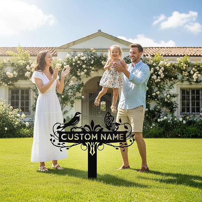 Custom Metal Garden Sign with Stake, Personalized Bird & Butterfly Garden Signs for Outside, Customized Garden Name Signs for Yard Lawn Outdoor Decor Gardening Gifts for Moms Grandmas Gardeners