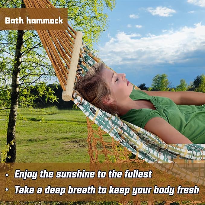 Hammocks Double Rope Hammock,Portable HandwovenTraditional Cotton Rope1 Person Hammock,with Spreader Bar,for Suitable for Patio, Beach, Garden(Blue)