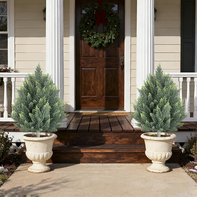 28inch Artificial Topiary Tree Set of 4 Beautiful Realistic Faux Cedar Pines Christmas Trees UV Rated Fake Shrubs for Front Porch Faux Plants Indoor and Outdoor Decor