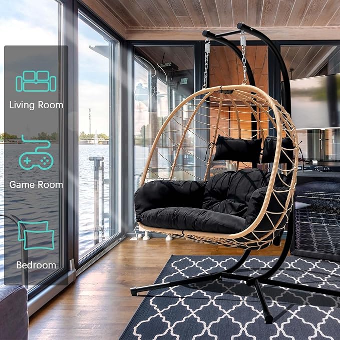 Hanging Egg Chair with Stand Indoor Swinging Chair Outdoor Hammock Egg Chair for Patio, Bedroom, Garden and Balcony (Black, Large)