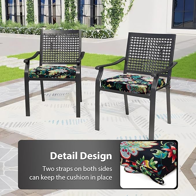 Outdoor Chair Cushions Set of 2, 18.5 x 16 Inch Patio Chair Cushions for Outdoor Furniture, Water Resistant Outdoor Patio Chair Cushions with Non-Slip Ties(Black Floral)