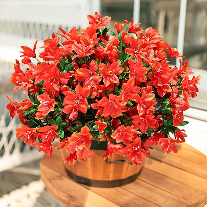 INSPRING Artificial Flowers Plants for Outdoors Spring Summer Decoration, 3 Bundles Faux Silk Azalea Flowers UV Resistant Flower Look Real for Outdoor Planters Porch Patio Garden Walkways Home, Orange