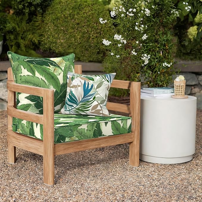 Outdoor Deep Seat Cushion Set, Water Repellent 24"x24" Patio Thick Cushions Replacement with Seat & Back Pillow for Patio Sofa, Wicker Chair, Couch - Swaying Palms Green