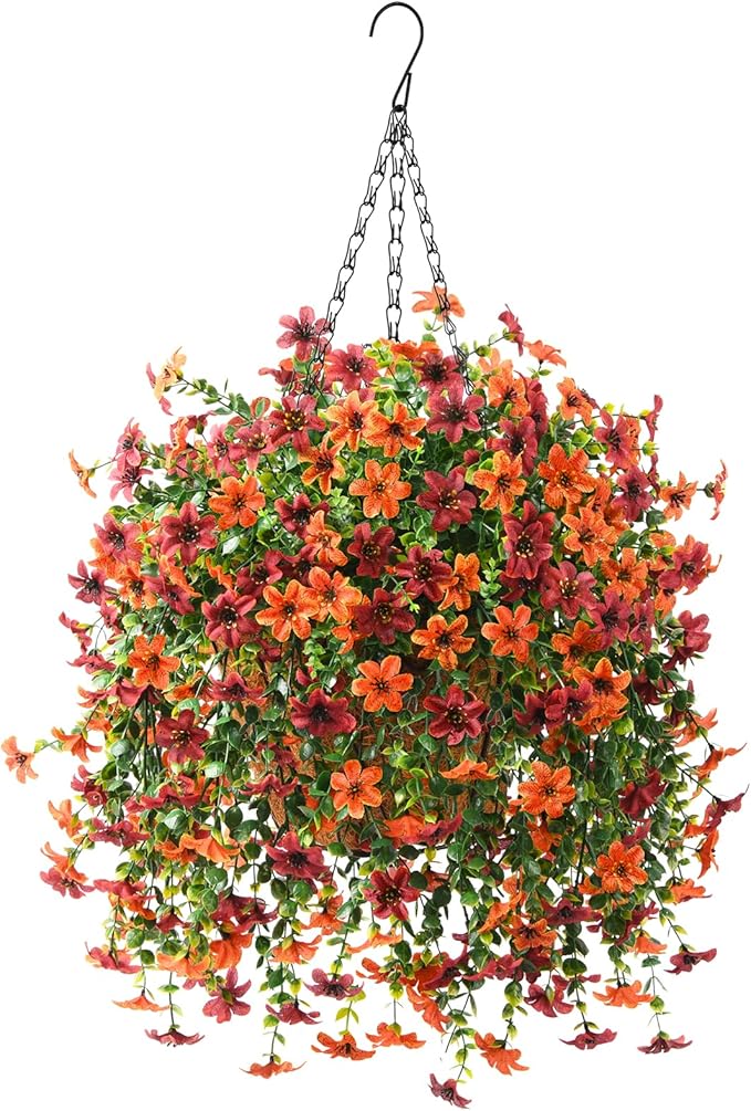 Artificial Faux Hanging Flowers Plants Basket for Outdoor Outside Spring Summer Decoration,Fake Silk Daisy in Planter Realistic UV Resistant for Home Porch Balcony Patio Yard Decor（Orange Brown)