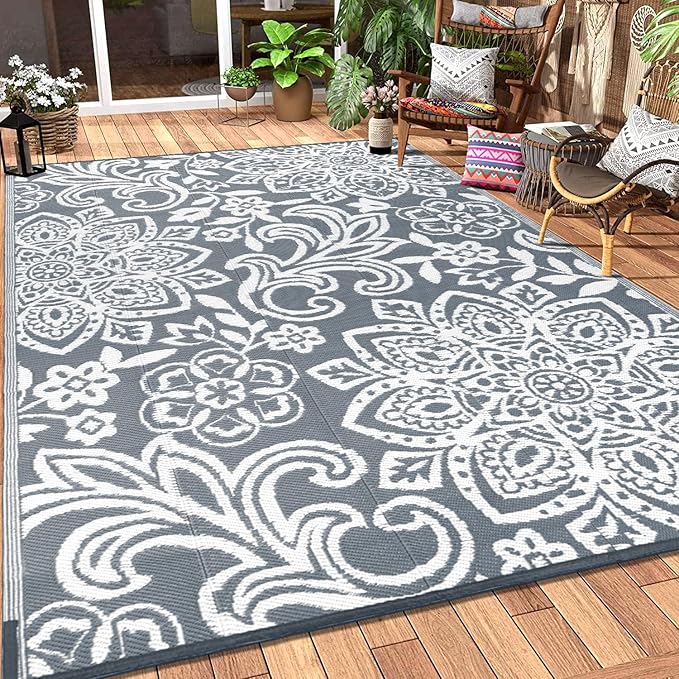 Findosom Waterproof Outdoor Rug 8' x 10' - Reversible Mandala Outdoor Plastic Straw Rug, Durable Foldable Patio Rug for RV, Deck, Balcony, Backyard, Picnic, Porch, Camping, Beach, Gray