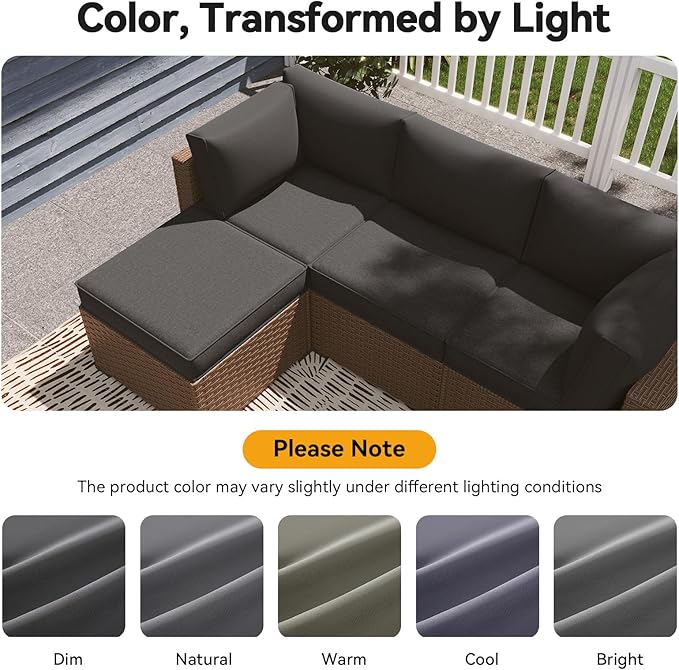 Aoxun Outdoor Replacement Cushions for Patio Furniture, 4'' Water-Repellent Sofa Cushion for 4-Seat Rattan Wicker Sectional, Deep Seats & Fade Resistant (9-Piece, Grey)