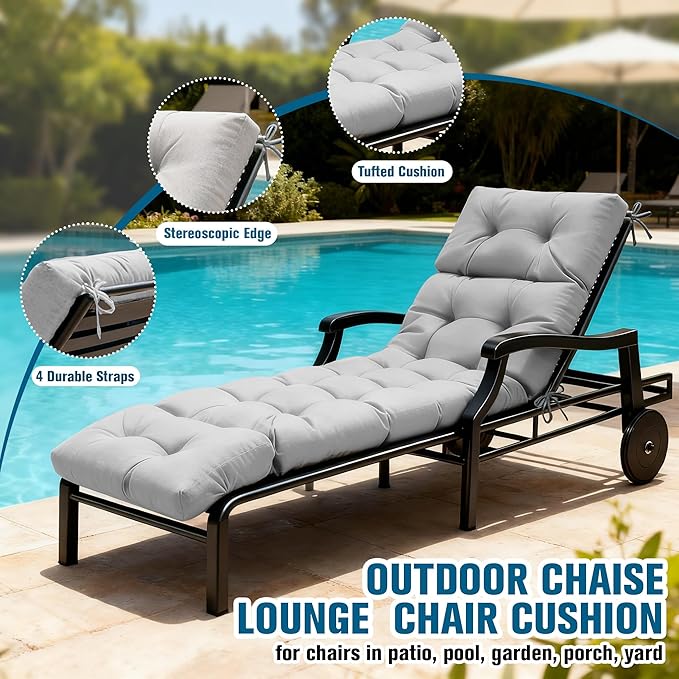 MTMR Chaise Lounge Cushion Outdoor, Non-Slip Chair Cushion for Patio Furniture, Waterproof Outdoor Replacement Seat Pad for Pool Lawn Wicker Couch Bench Loveseat, Long Thick Lounge Cushion, Grey