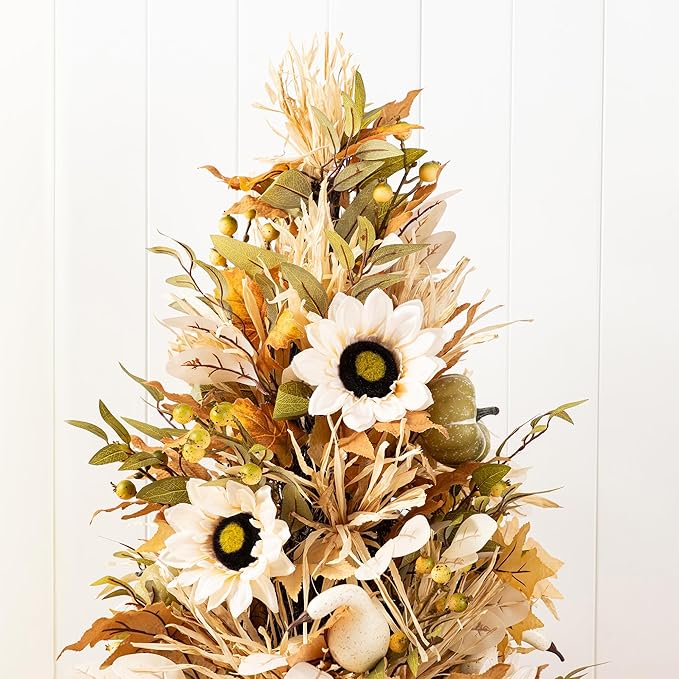 Glitzhome 2 PCS 36”H Fall Porch Tree, Harvest Artificial Porch Tree with Sunflower, Pinecone and Berry Porch & Black Planter, for Autumn Fall Harvest Thanksgiving Christmas Decoration
