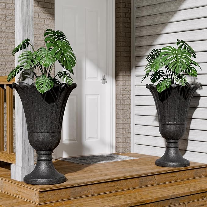 23.6" Tall Plastic Urn Planters for Outdoor Plants, Set of 2 Heavy-Duty Classic Indoor Large Flower Pots with Drainage Holes & Petal Design, Outdoor Planters for Porch, Home Garden, Black