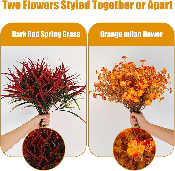 Artificial Fall Flowers Faux Mums, Autumn Outdoor Indoor Decor, Fake Daisy Plants with Eucalyptus Leaves Grass, Orange Flowers UV Resistant Greenery for Porch Patio Boxwood Home Garden, 12PCS