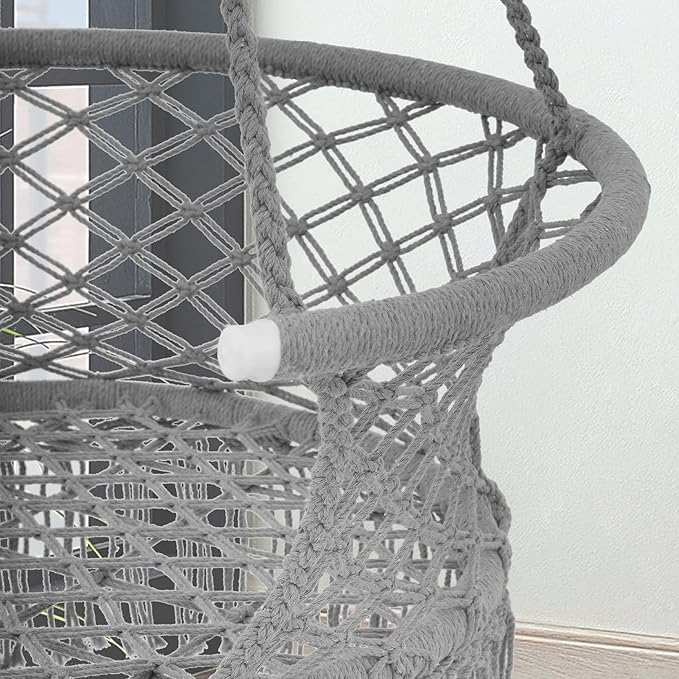 Athena Collection Hammock Swing Chair with Cushion, Outdoor Macrame Chair with Mounting Hardware, Max 350 Lbs, Large Cotton Rope Hanging Chair for Outdoor Indoor Porch Garden, Gray