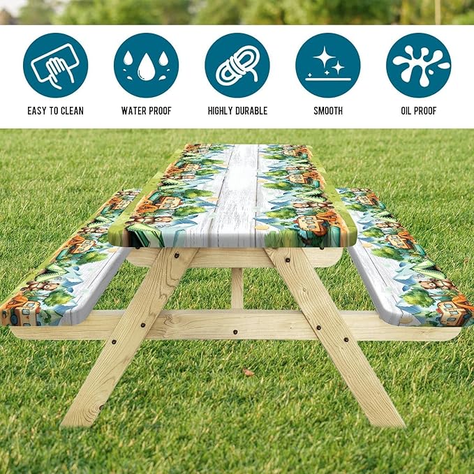 3PCS Picnic Table Cover with Bench Cover Wooden Forest Bear Camping Tablecloth Fitted Picnic Table Cover with Elastic Windproof Waterproof, Outdoor & Garden Camping Accessoriess 96IN