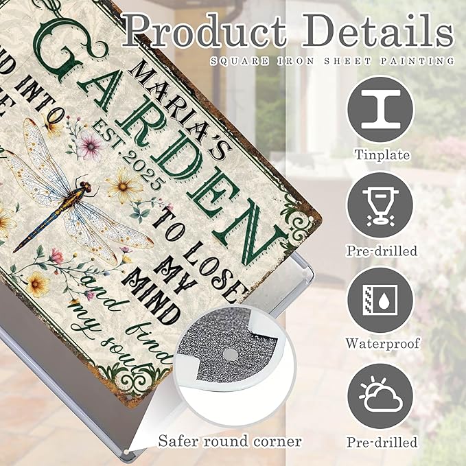 Custom Garden Signs Personalized Metal Tin Sign for Women, Retro Funny Dragonfly Metal Sign for Outdoor, Patio, Yard Rustic Home Decor Gift for Mothers Day, Grandmas, and Gardening Lovers
