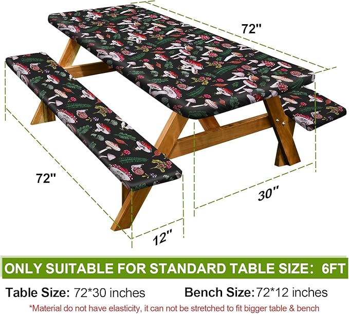 Picnic Table Cover with Bench Covers 6FT 3 Pcs Waterproof Windproof Aesthetic Camping Tablecloth with Drawstring Bag, Fitted for 6 Foot Rectangle Tables and Seats, 72 inch, Black Green Red