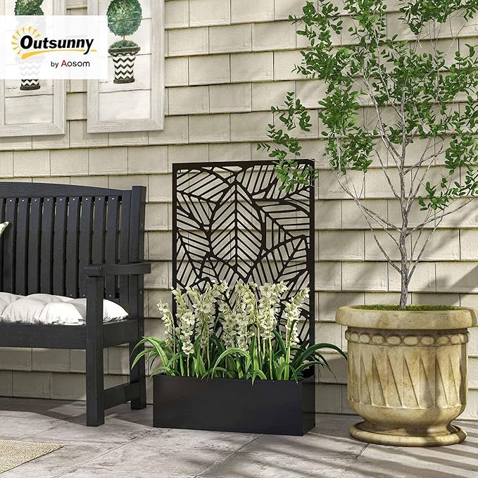 Outsunny Outdoor Privacy Screen with Planter Box, Metal Privacy Panel, and Raised Garden Bed, Wall-Mounted or Freestanding for Garden, Patio, Pool, Hot Tub, Black
