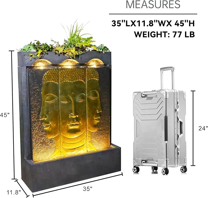 45" Outdoor Fountain Zen Buddha Face Wall Fountains and Waterfalls with Planting Groove for Meditation Room Balcony Home Garden Patio, Gold