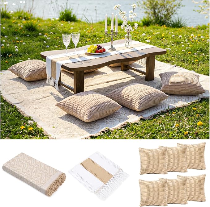 Extra Large Outdoor Boho Picnic Blanket with Table Runner and 6 Throw Pillows Covers for Outdoor Essentials Beach Accessories Garden Party Decoration Patio Park Lawn Grass Ground Festival Mat Beige XL