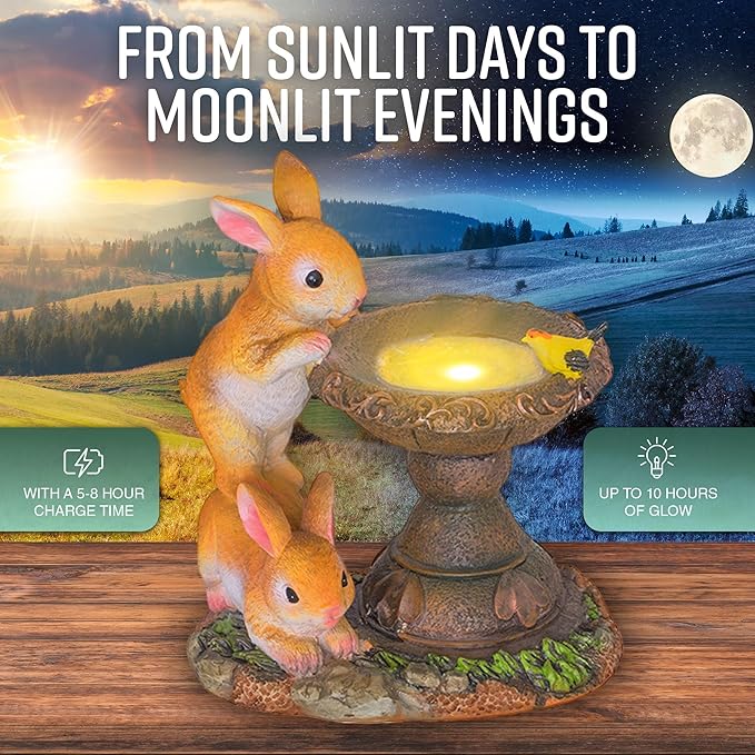 Banax Solar Rabbit Bird Bath for Garden, Ornaments Outdoor Statue Garden Gifts Waterproof Resin Sculpture with Solar Lights Outdoor Ornament for Christmas Decorations & Home Decor