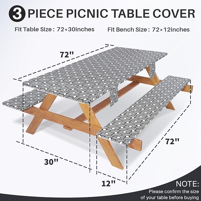 Picnic Table Cover with Bench Covers Elastic Waterproof Vinyl Tablecloth for 6 Foot Rectangle Tables Camping Rv Roadtrip Hiking Car Items for Tent Campers Gift for Teenage Boys Girls Sister