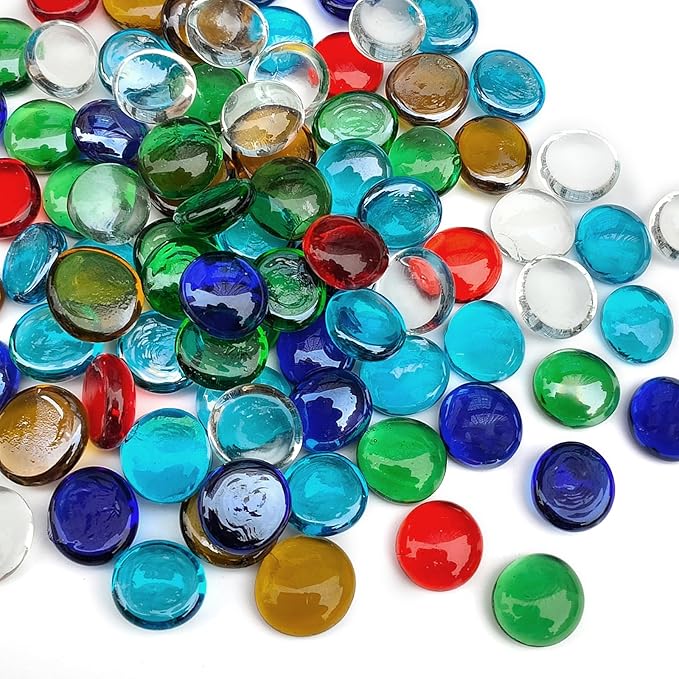 50 Pcs Flat Glass Marbles for Vase, Mancala Beads Gems. Decorative Glass Rocks for Vase Filler Fish Tank Floral Crafts Centerpieces and Mosaic