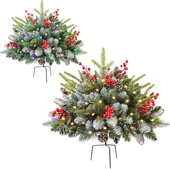 2 Pack Artificial Christmas Urn Filler,20" MUL-ti Color 50 LED Outdoor/Indoor Trees with 8 Modes & Auto Timer,Waterproof Battery Box & Stakes,Includes Pine Cones & Red Berries for Holiday Decor